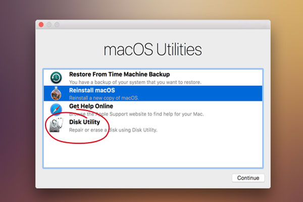 الوصول إلى Disk Utility عبر برنامج تثبيت نظام ماك