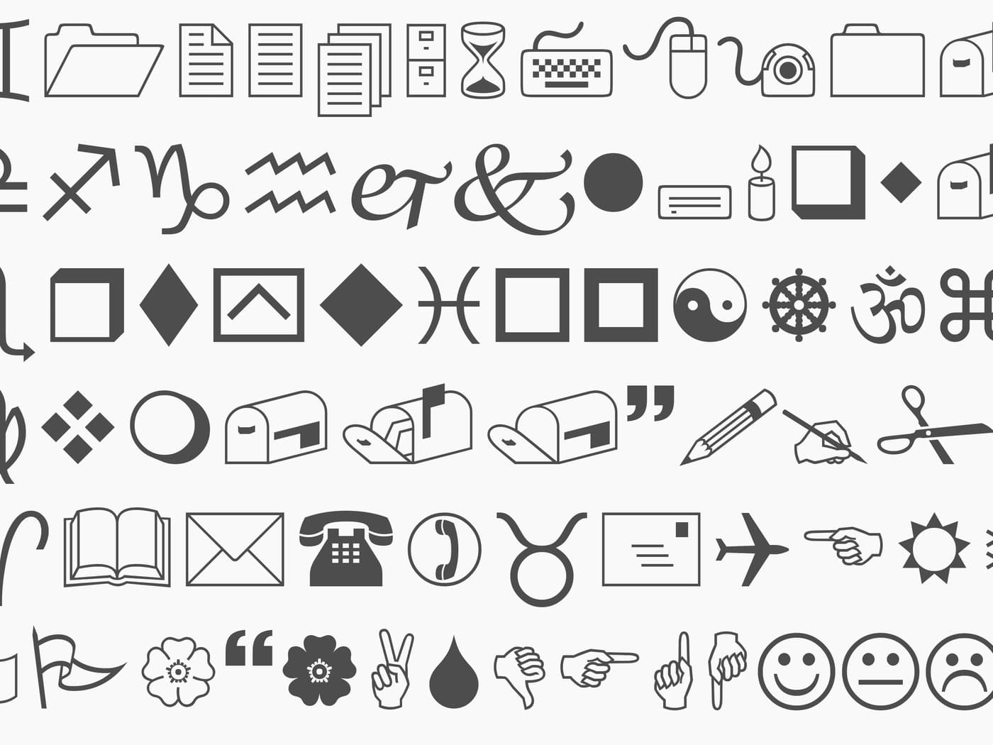 بعض من الرموز الموجودة في خطّ "wingdings"