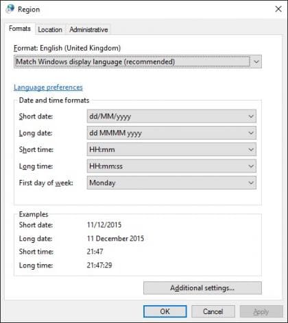 windows 10 Region language 