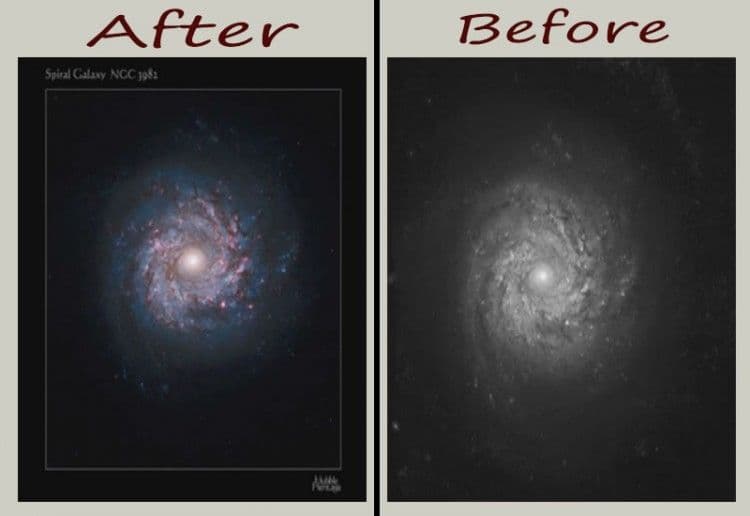 صورة توضح صورة قادمة من هابل قبل وبعد معالجتها